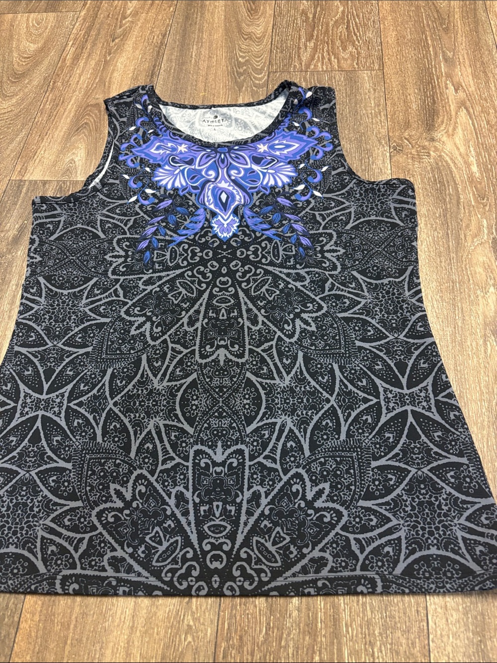 Athleta Black Tank with Blue Ornamental Neck Motif